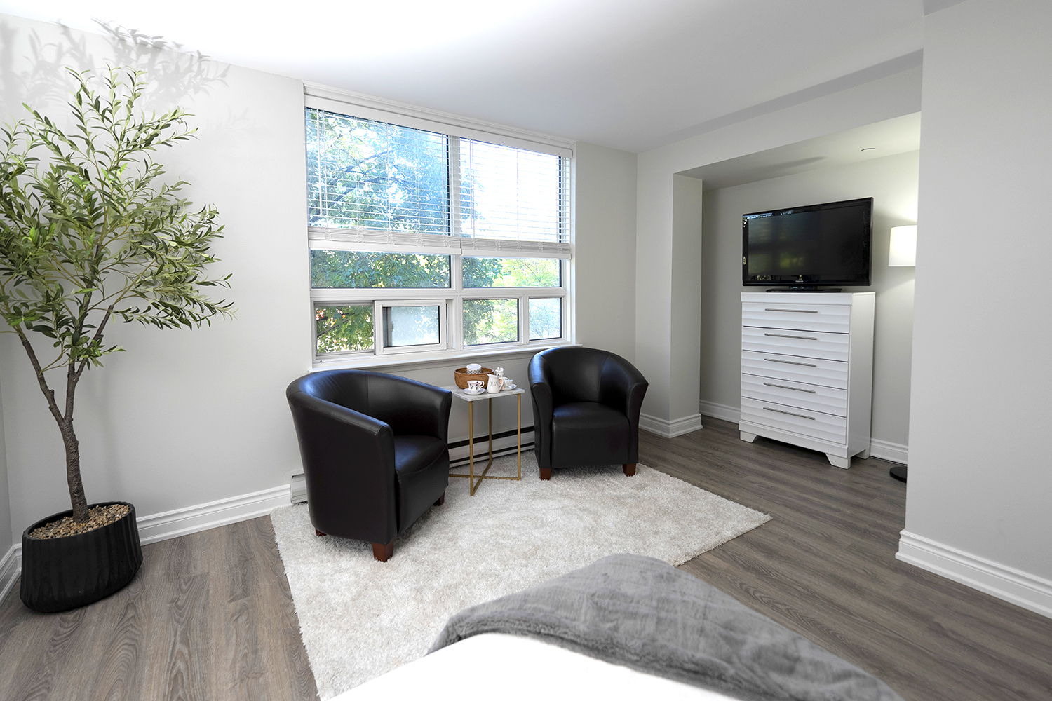 Two cosy armchairs beside a bright open window into a corner of a suite at ATrium retirement residence
