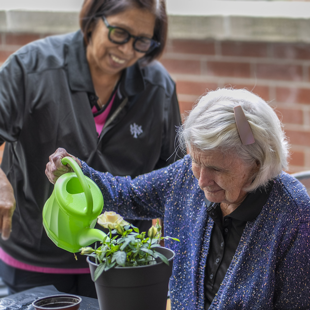 Resident watering a rose plant during a gardening activity with caregiver looking on and smiling