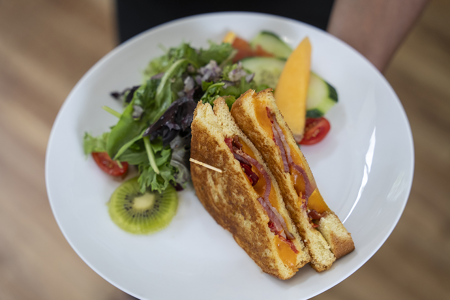 Grilled ham and cheese sandwich wth fresh garden salad on a white plate